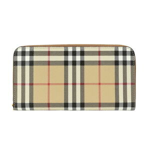 Burberry Long Wallet Round Zipper Check Leather Beige Brown